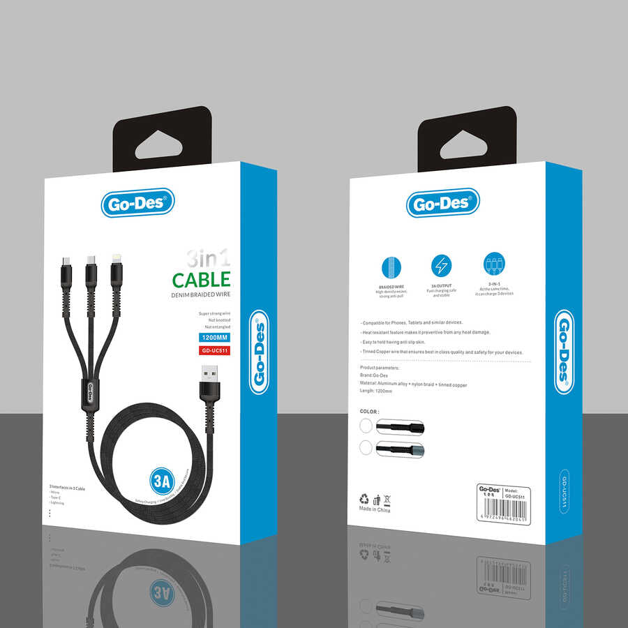 Go-Des GD-UC511 3 in 1 Usb Şarj ve Data Kablosu - 2 Go-Des GD-UC511 3 in 1 Usb Şarj ve Data Kablosu - 2
